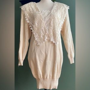 Womens Sz M vintage lace collar knit romantic retro beige casual rare sweater